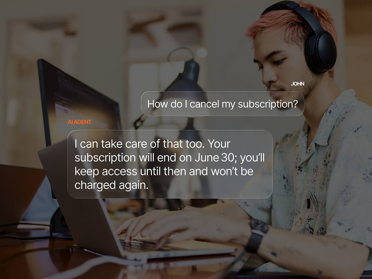 AI customer service agent handling a subscription cancellation request, confirming the subscription will end on June 30 with continued access and no future charges.