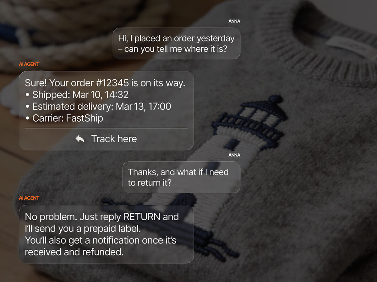 AI agent providing order tracking details for order #12345, including ship date, estimated delivery via FastShip, and instructions for initiating a return with a prepaid label.