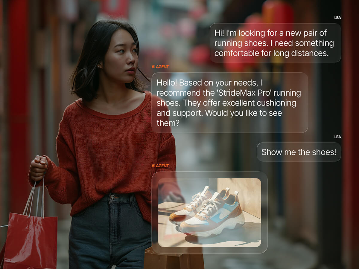 A shopper carrying bags receives AI-powered running shoe recommendations through a conversational chat interface, with the AI suggesting the 'StrideMax Pro' based on her need for long-distance comfort.