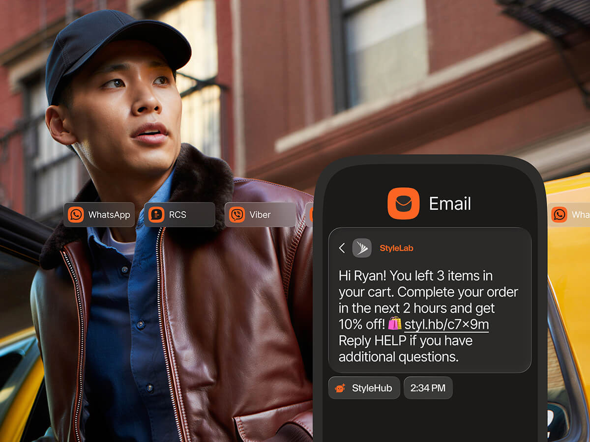 A cart abandonment recovery email from StyleLab reminding Ryan of 3 unpurchased items with a 10% time-limited discount, alongside messaging channel icons for WhatsApp, RCS, and Viber.