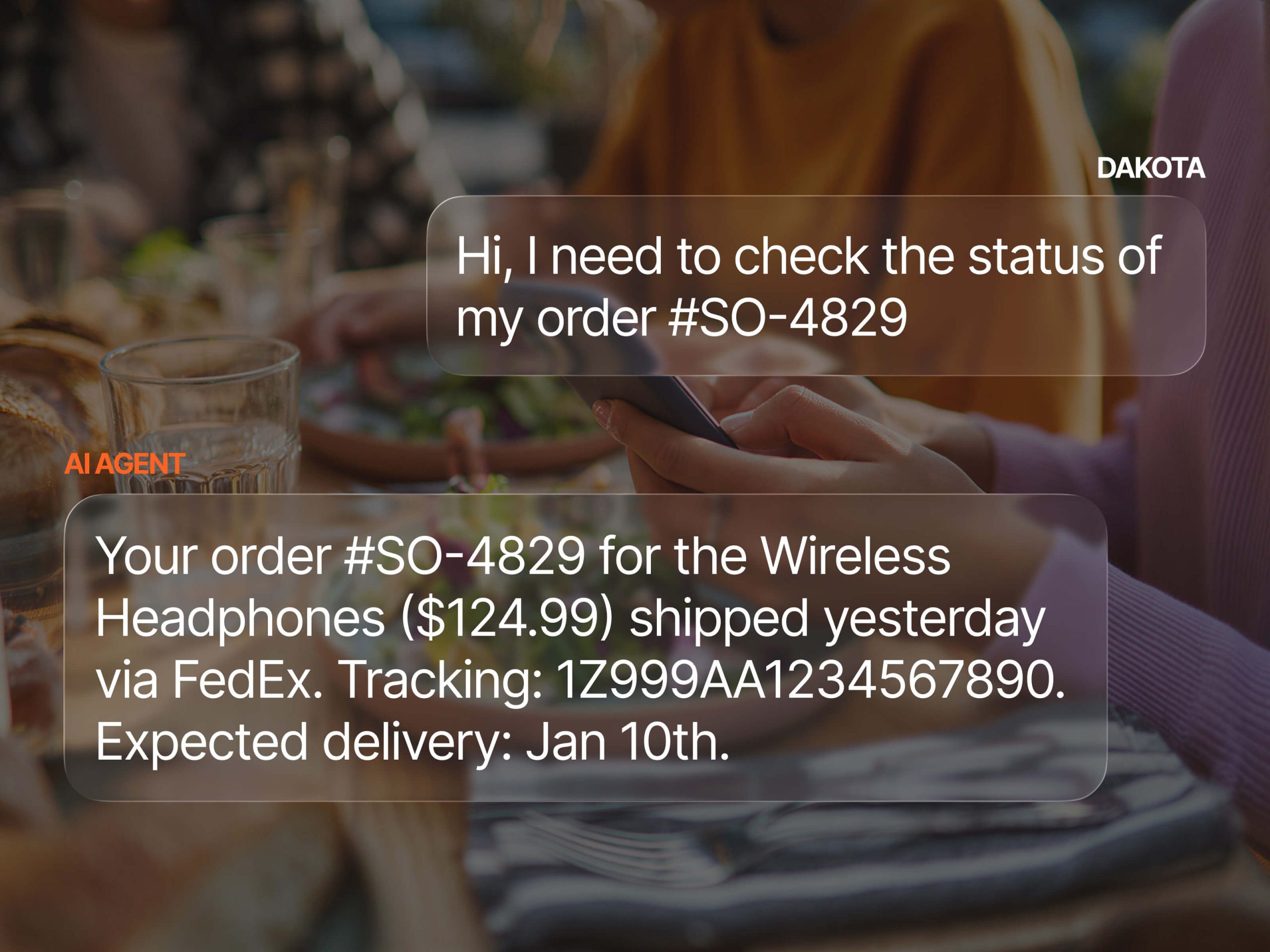 An AI agent responds to a customer's order status query with shipping details for order #SO-4829, including the FedEx tracking number and expected delivery date of January 10th.
