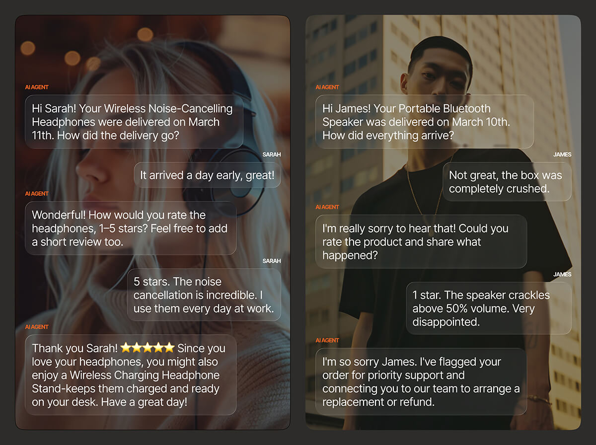 Two AI post-purchase conversations: Sarah gives her headphones 5 stars and receives a product upsell suggestion, while James reports a damaged Bluetooth speaker delivery and is escalated to priority support for a replacement.