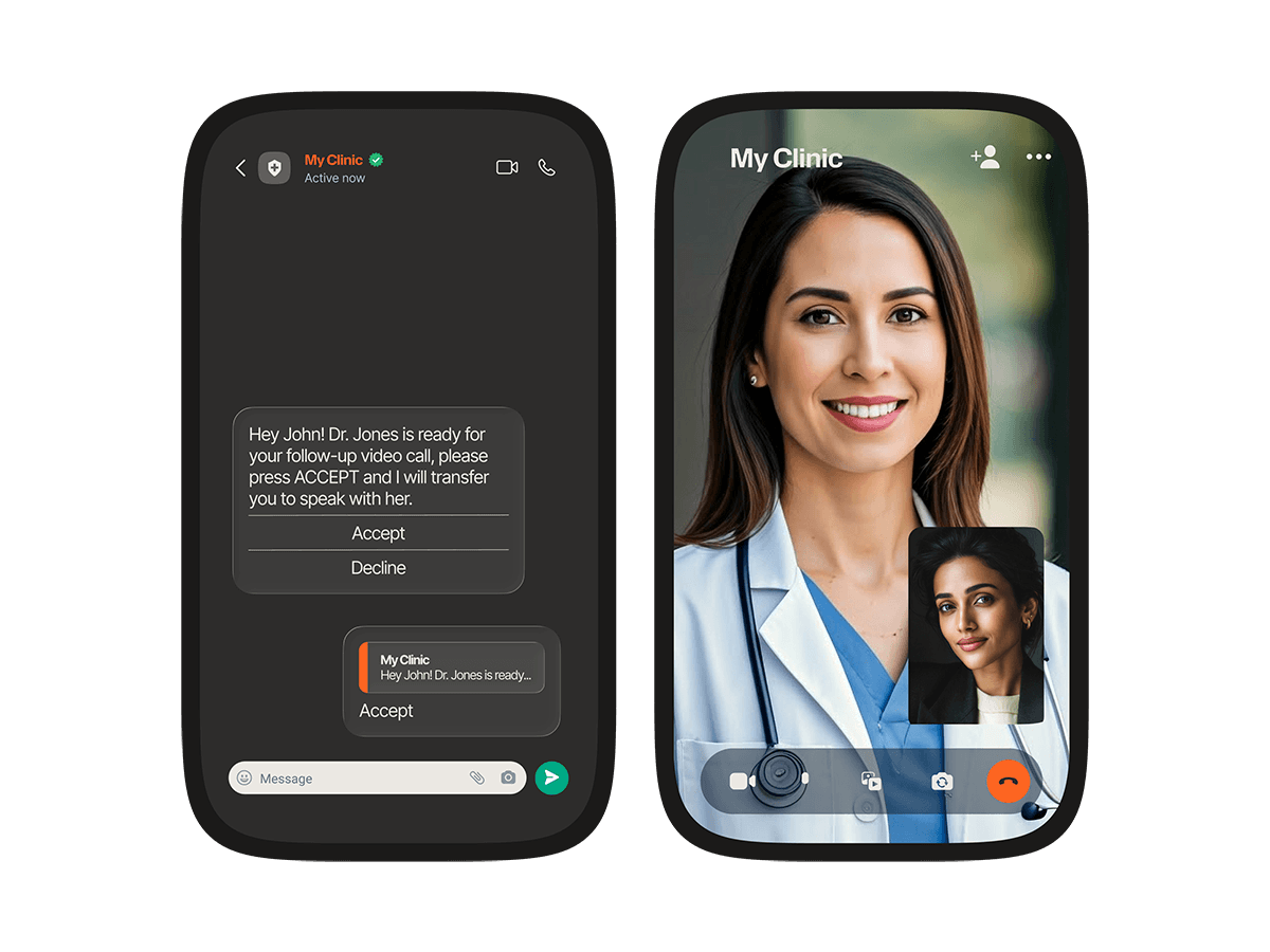 AI agent notifying a patient that Dr. Jones is ready for their follow-up video call, with Accept and Decline options, alongside the active video call screen.