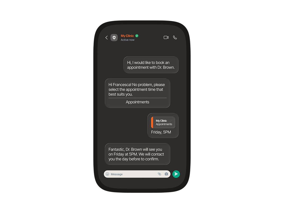 AI agent booking a clinic appointment via mobile chat, confirming Dr. Brown will see Francesca on Friday at 5PM and that the clinic will reach out the day before to confirm.