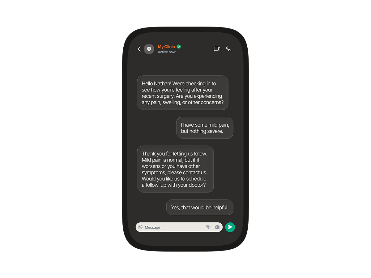 AI agent following up with a patient named Nathan after surgery via mobile chat, noting his mild pain is normal, advising when to seek help, and offering to schedule a follow-up appointment.