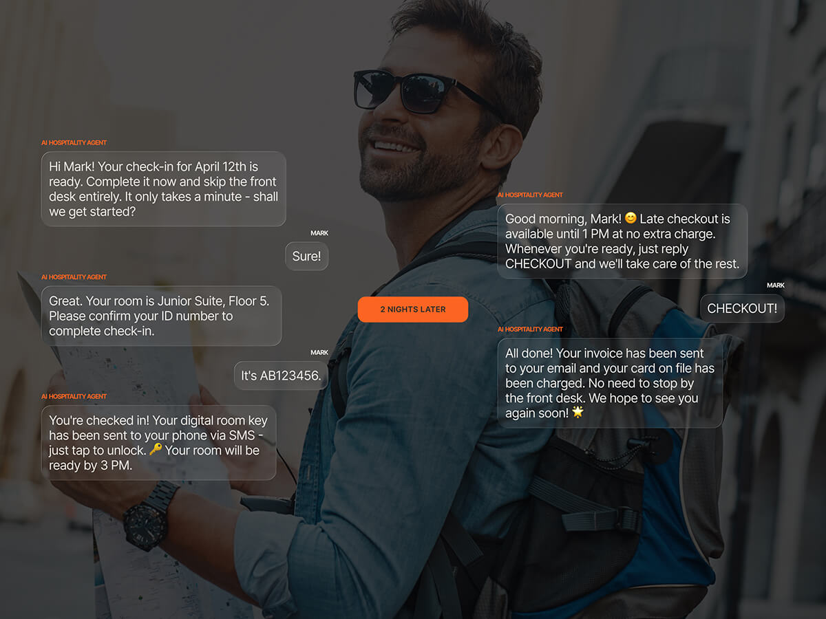 AI hospitality agent guiding a guest through mobile check-in with digital room key delivery via SMS, and processing checkout two nights later with invoice and payment handled entirely from the phone