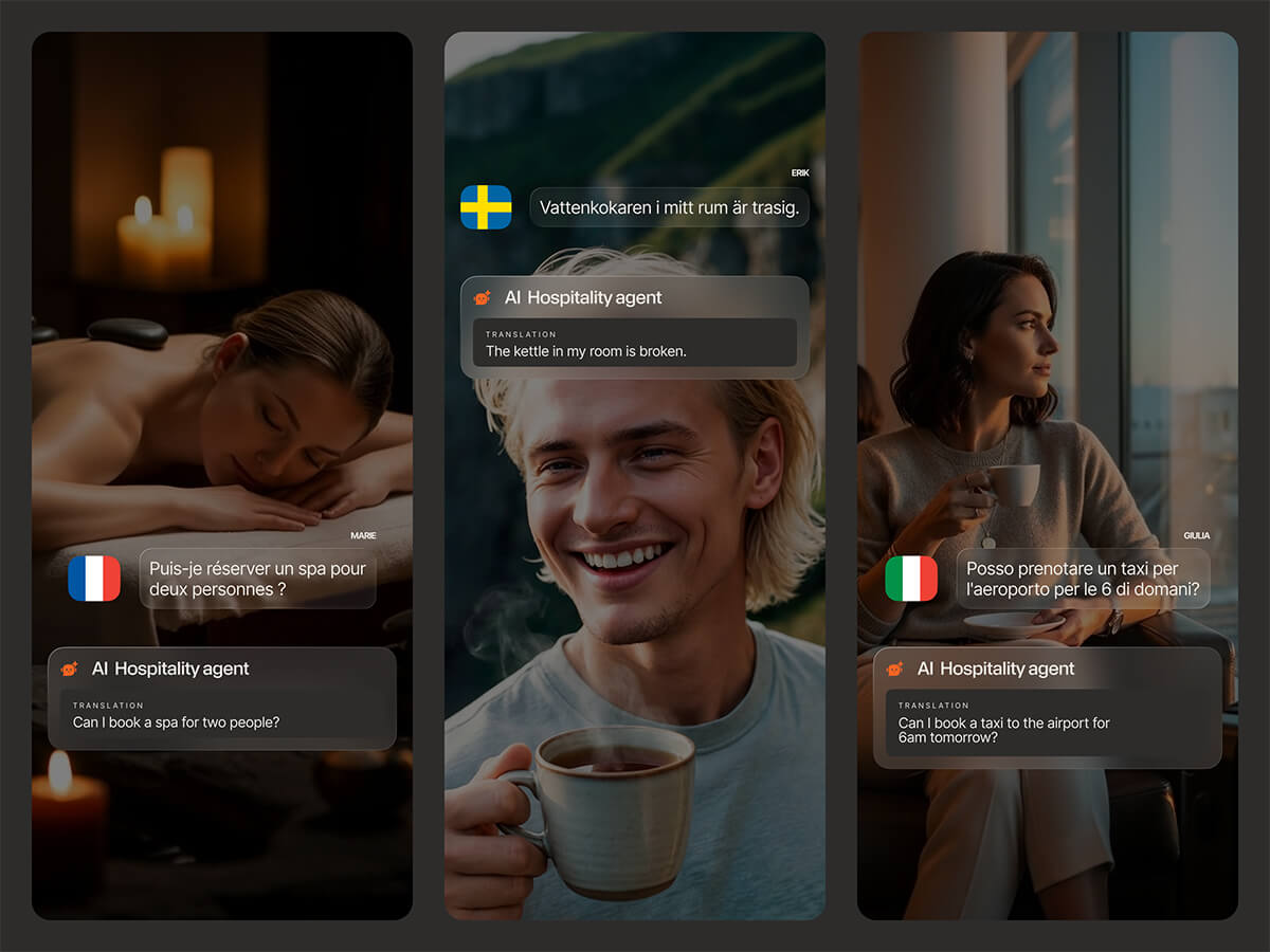 AI hospitality agent providing multilingual in-stay support across three scenarios: a French-speaking guest booking a spa, a Swedish guest reporting a broken kettle, and an Italian guest arranging an airport taxi
