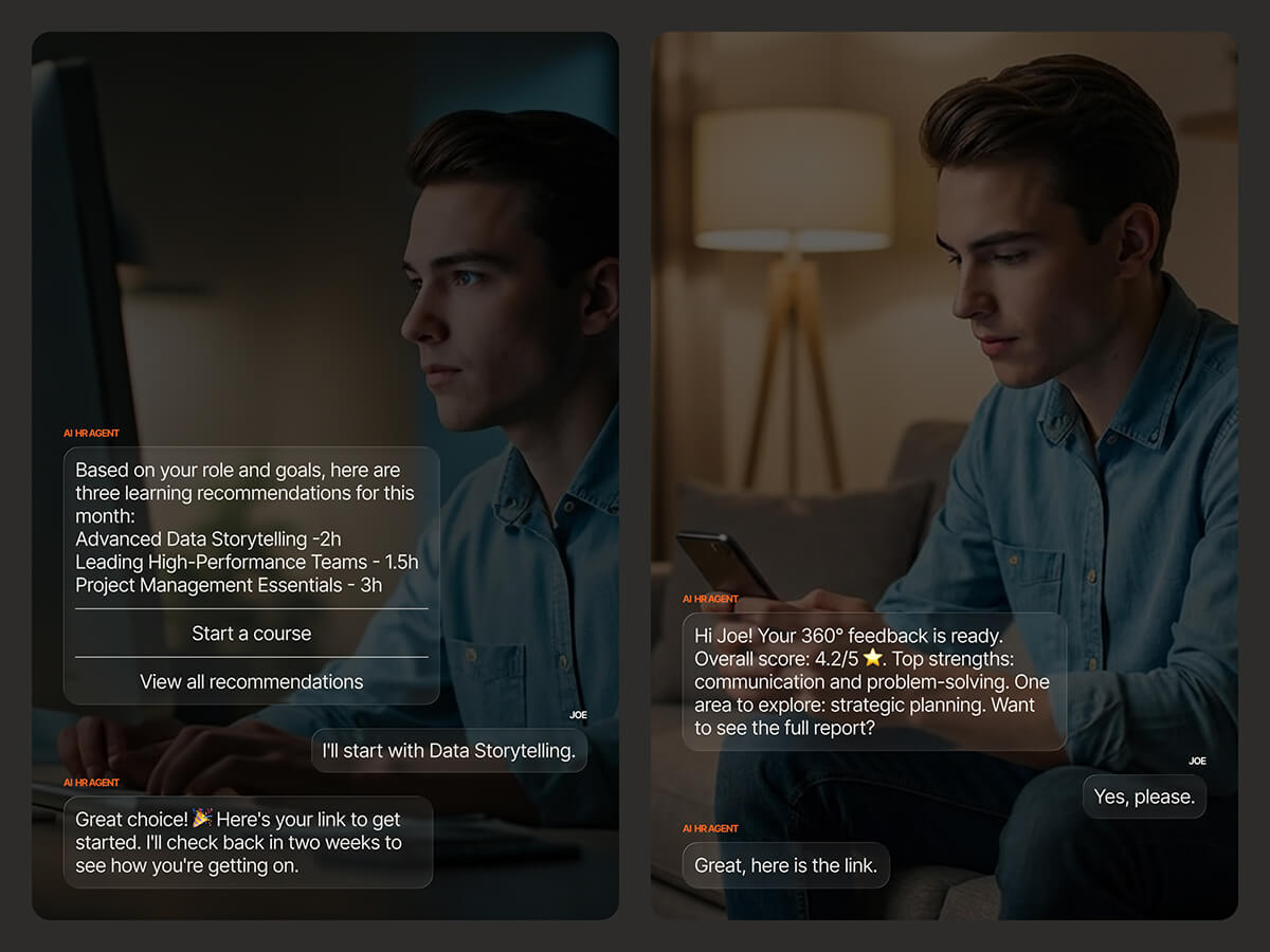 Two smartphones displaying smart orchestration: a purchase confirmation with order tracking and a personalized StyleLab promo offer recommending products based on recent purchases