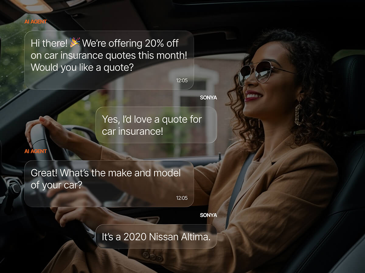 AI agent chat offering a 20% car insurance discount and collecting vehicle details from customer Sonya, who provides her 2020 Nissan Altima, to generate a personalized quote.