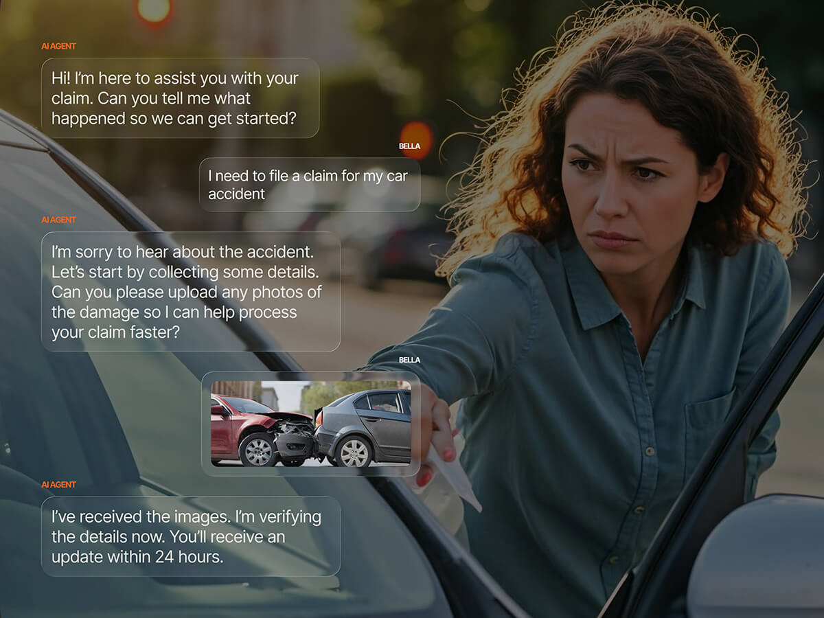 AI agent helping Bella file a car accident claim via chat, requesting damage photos to speed up processing and confirming the details will be verified within 24 hours.