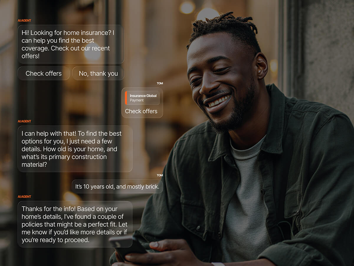 AI agent helping Tom find home insurance by collecting property details — a 10-year-old brick home — and matching him with suitable coverage options.
