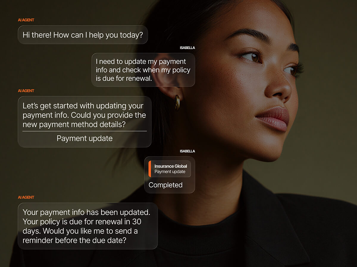 AI agent helping Isabella update her payment information and check her policy renewal date via chat, with a confirmation that the Insurance Global payment update was completed.