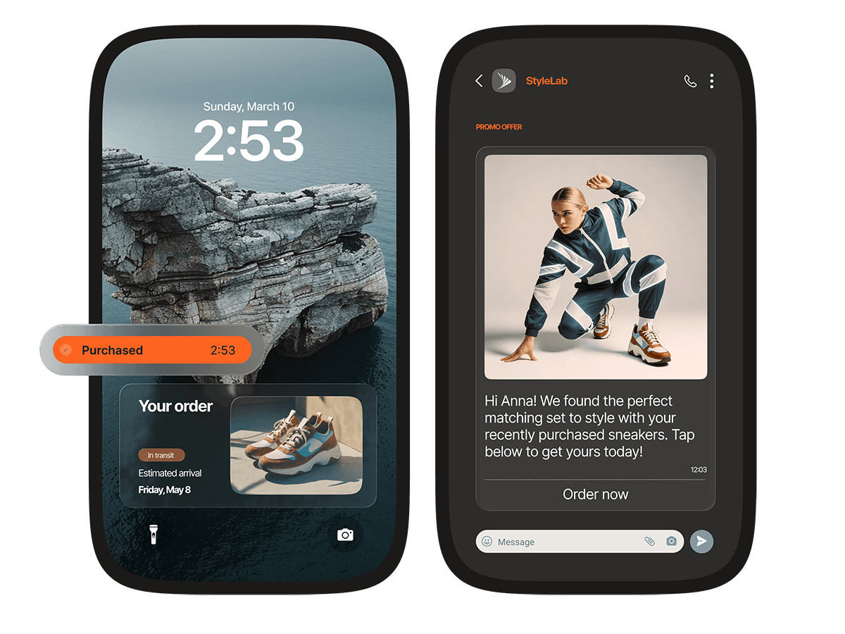 Two smartphones displaying smart orchestration: a purchase confirmation with order tracking and a personalized StyleLab promo offer recommending products based on recent purchases