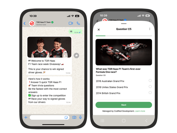 WhatsApp chatbot for TGR Haas F1 Team running an interactive trivia giveaway with multiple-choice questions