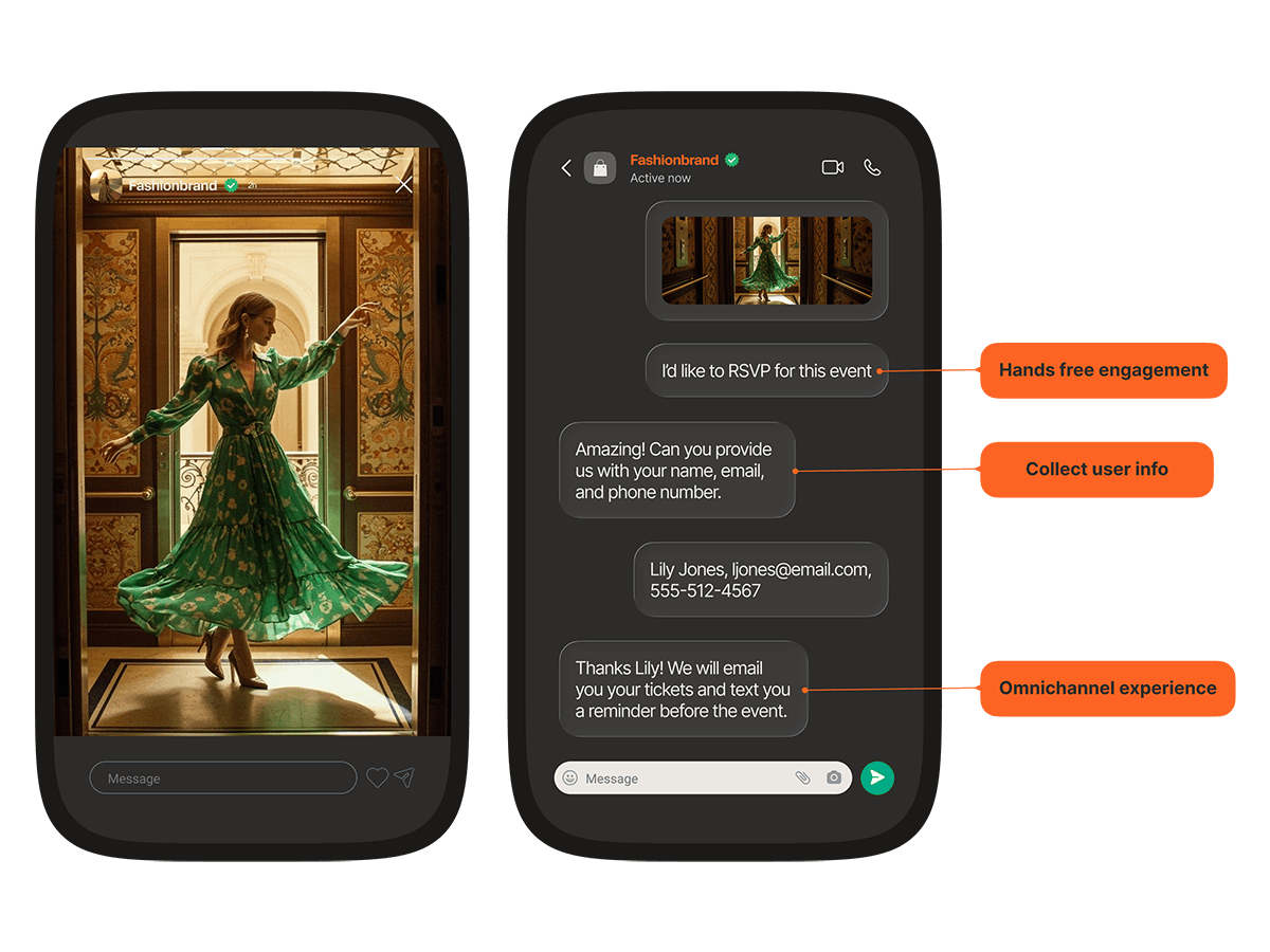 Two phones showing a conversational AI collecting event RSVP details, with labels highlighting hands-free engagement, user info collection, and omnichannel experience.