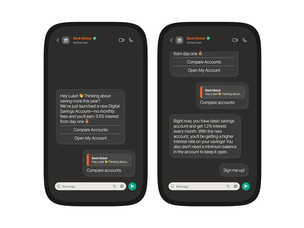 Two phones showing a WhatsApp conversation where Bank Global promotes a new Digital Savings Account with no monthly fees and 3.5% interest, with a chatbot guiding the customer to sign up.