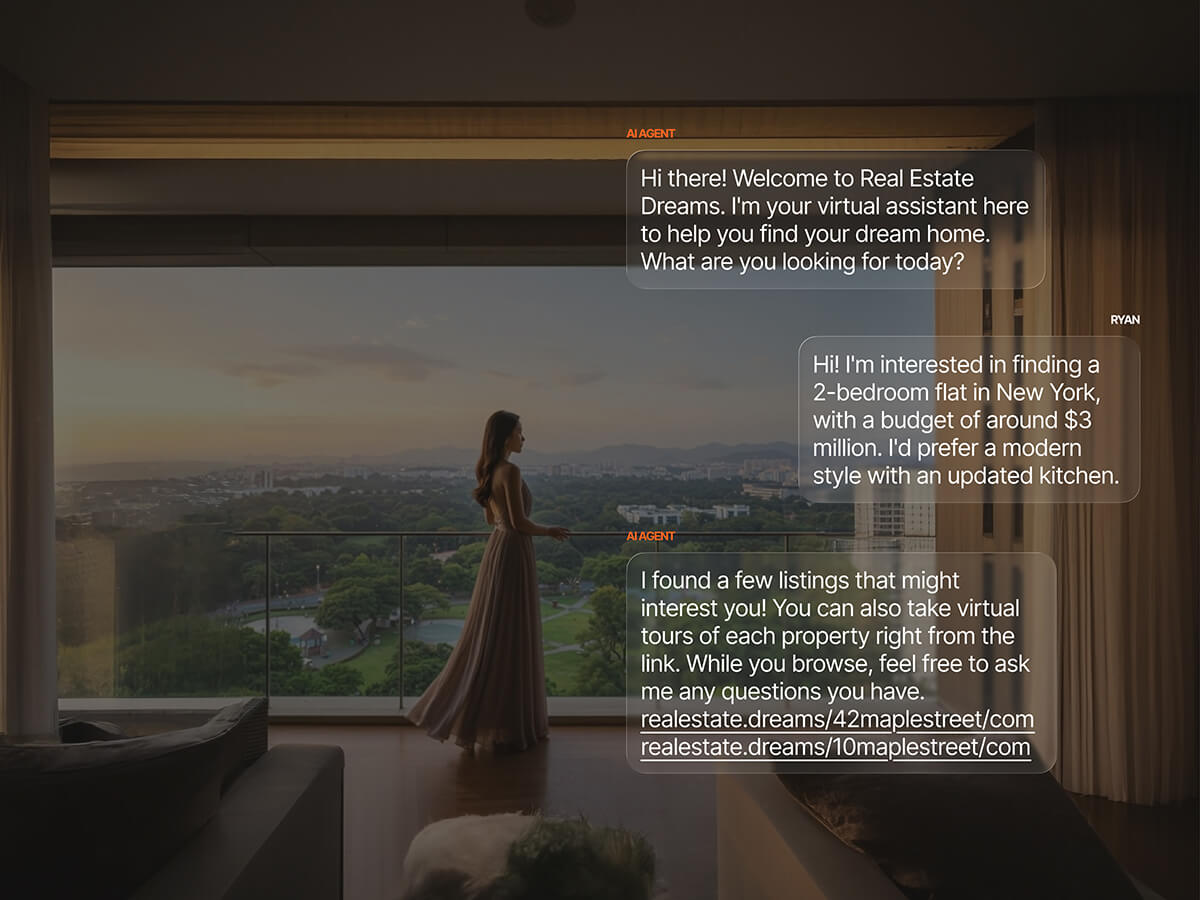 AI real estate agent chat helping a buyer find a 2-bedroom flat in New York within a $3M budget, surfacing matching listings with virtual tour links.
