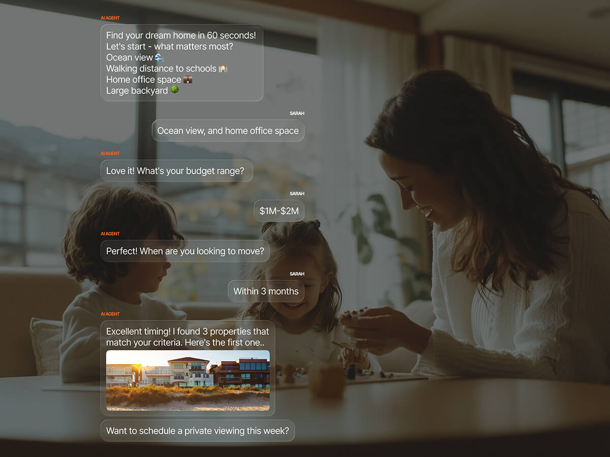 AI agent qualifying a home buyer through feature preferences and budget, then presenting a matched property listing with an offer to schedule a private viewing