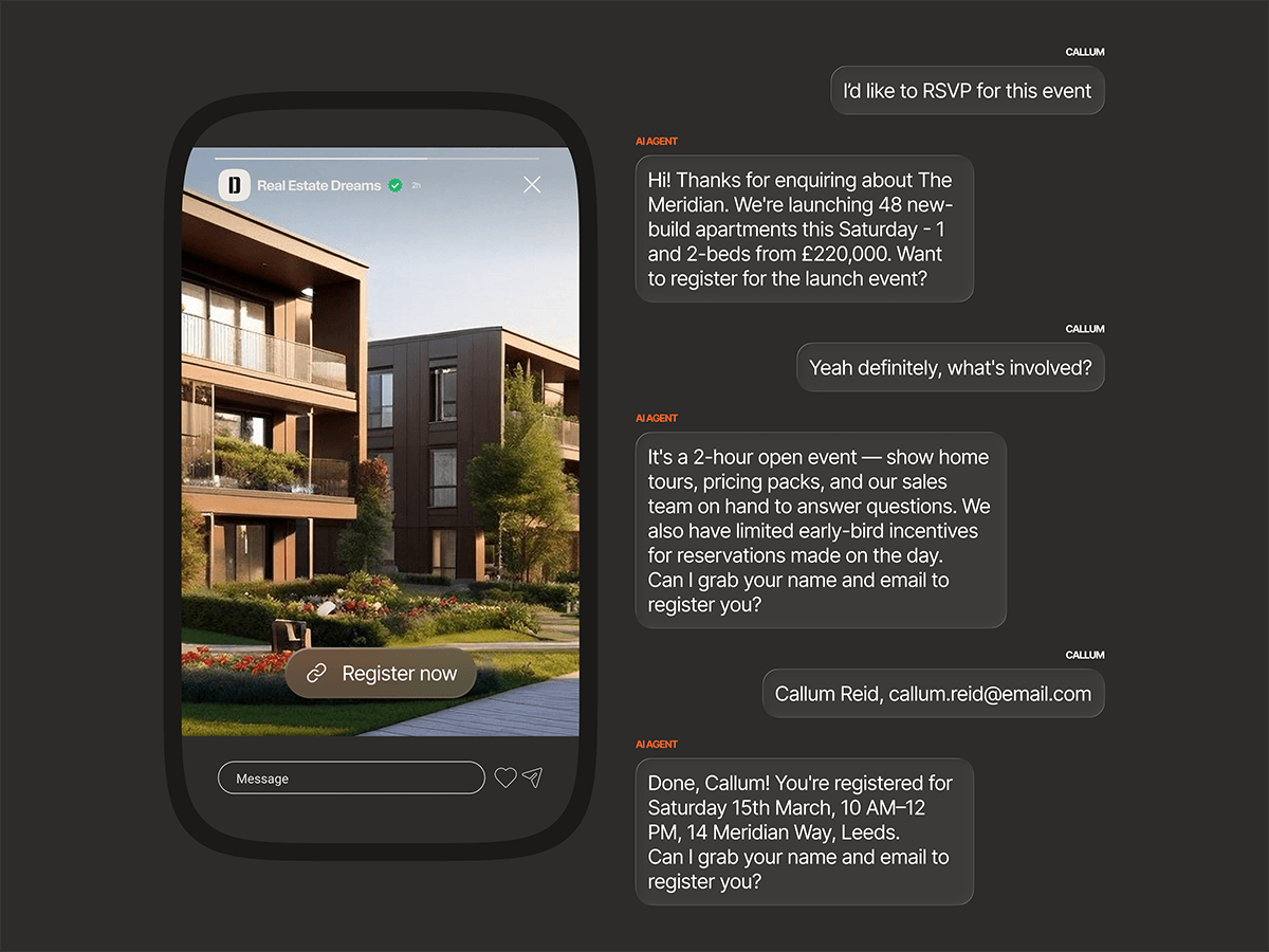 AI agent handling RSVP registration for a new-build property launch event, collecting a prospect's contact details and confirming their place at the open house