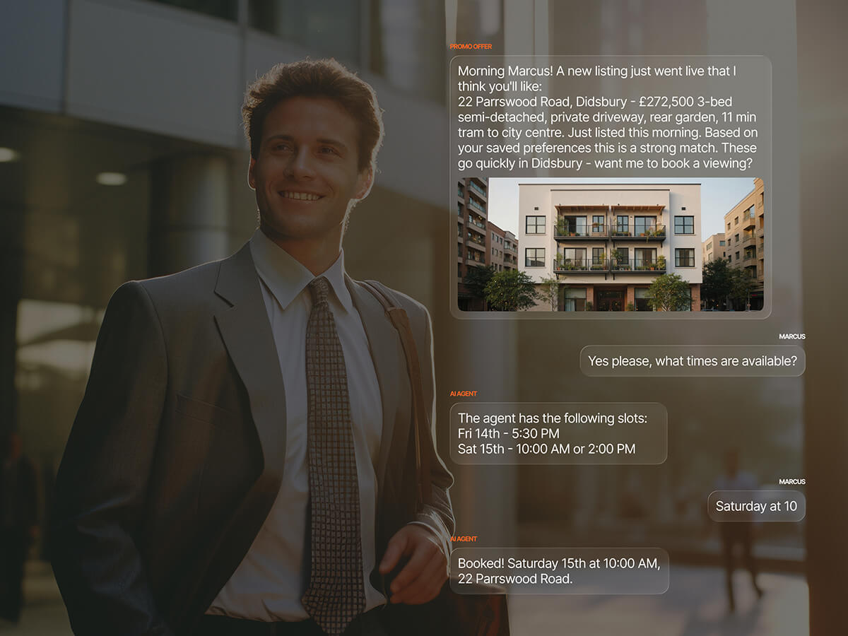 AI agent proactively alerting a buyer to a new property match at 22 Parrswood Road in Didsbury, and completing a viewing booking for Saturday 15th at 10:00 AM within the same conversation