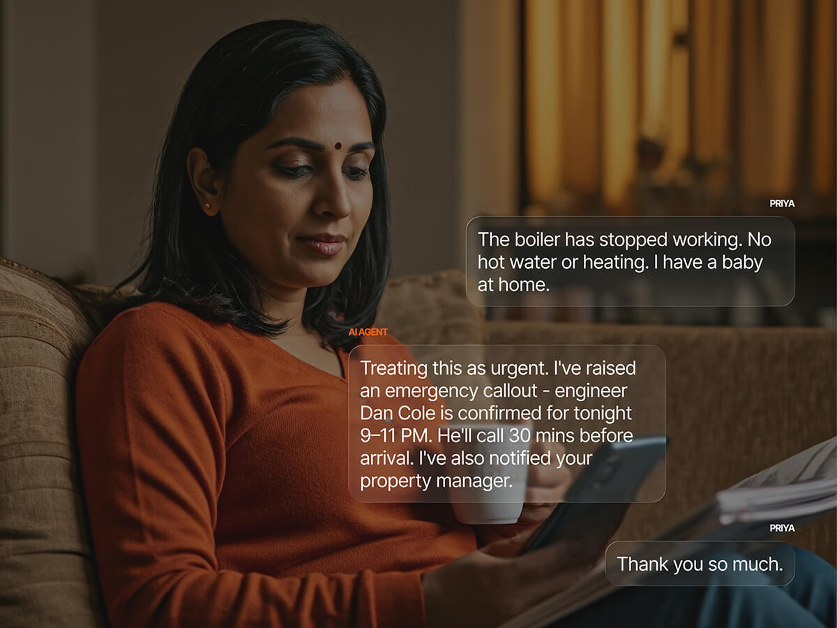 AI property management agent treating a boiler failure as urgent, dispatching an emergency engineer confirmed for that evening, and notifying the property manager on the tenant's behalf
