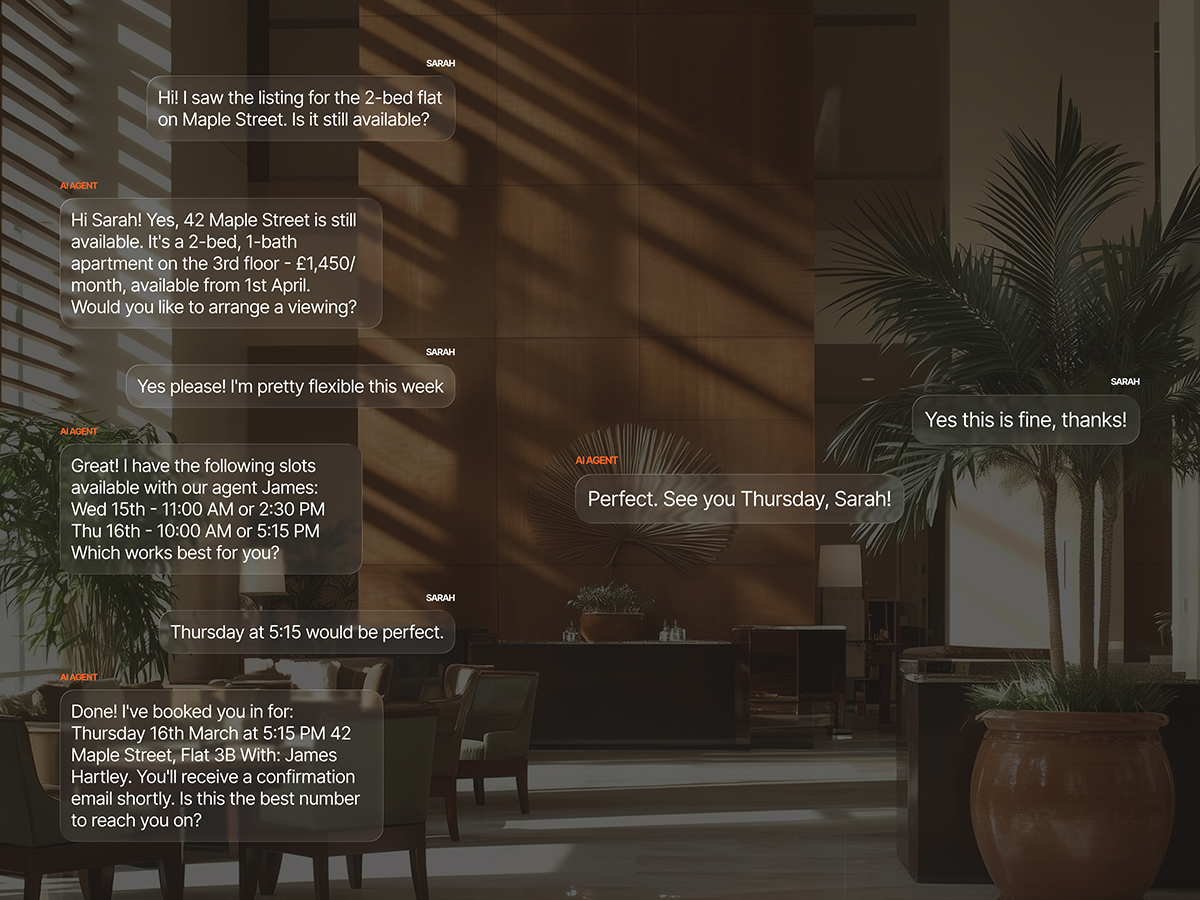 AI agent confirming availability for a flat on Maple Street and booking a viewing for Thursday 16th March at 5:15 PM with agent James Hartley, with a confirmation email promised