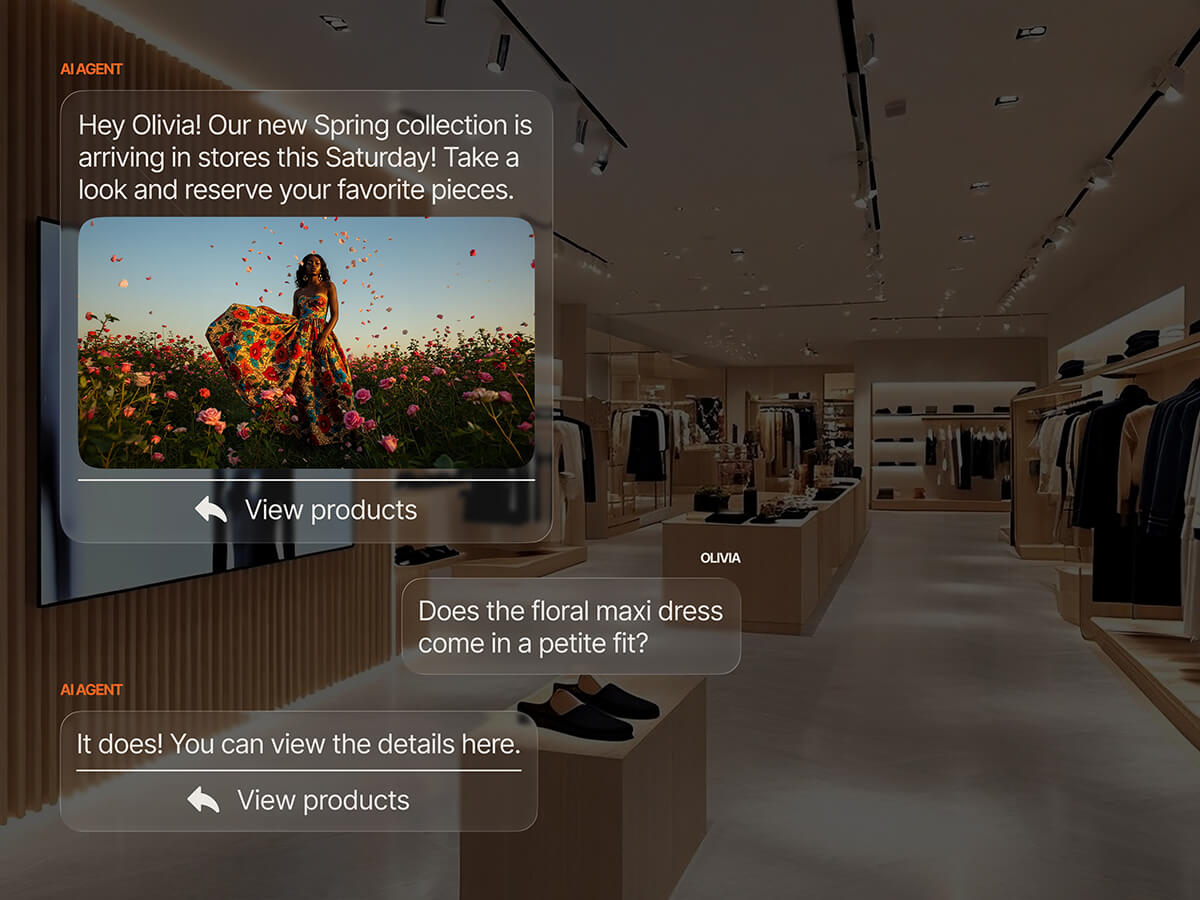 AI agent chat interface overlaid on a luxury retail store interior, showing a personalized spring collection promotion sent to a customer, a product image of a woman in a floral maxi dress, and a follow-up sizing inquiry answered in real time