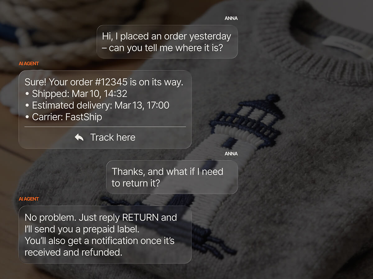 AI agent chat providing a customer with real-time order tracking details—including shipping date, estimated delivery, and carrier—and explaining how to initiate a return for a prepaid label and refund notification