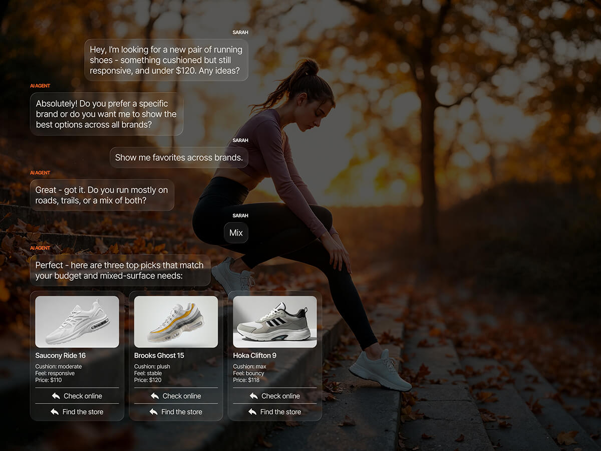 AI agent chat guiding a customer through personalized running shoe recommendations based on budget and terrain preference, presenting three curated options: Saucony Ride 16, Brooks Ghost 15, and Hoka Clifton 9