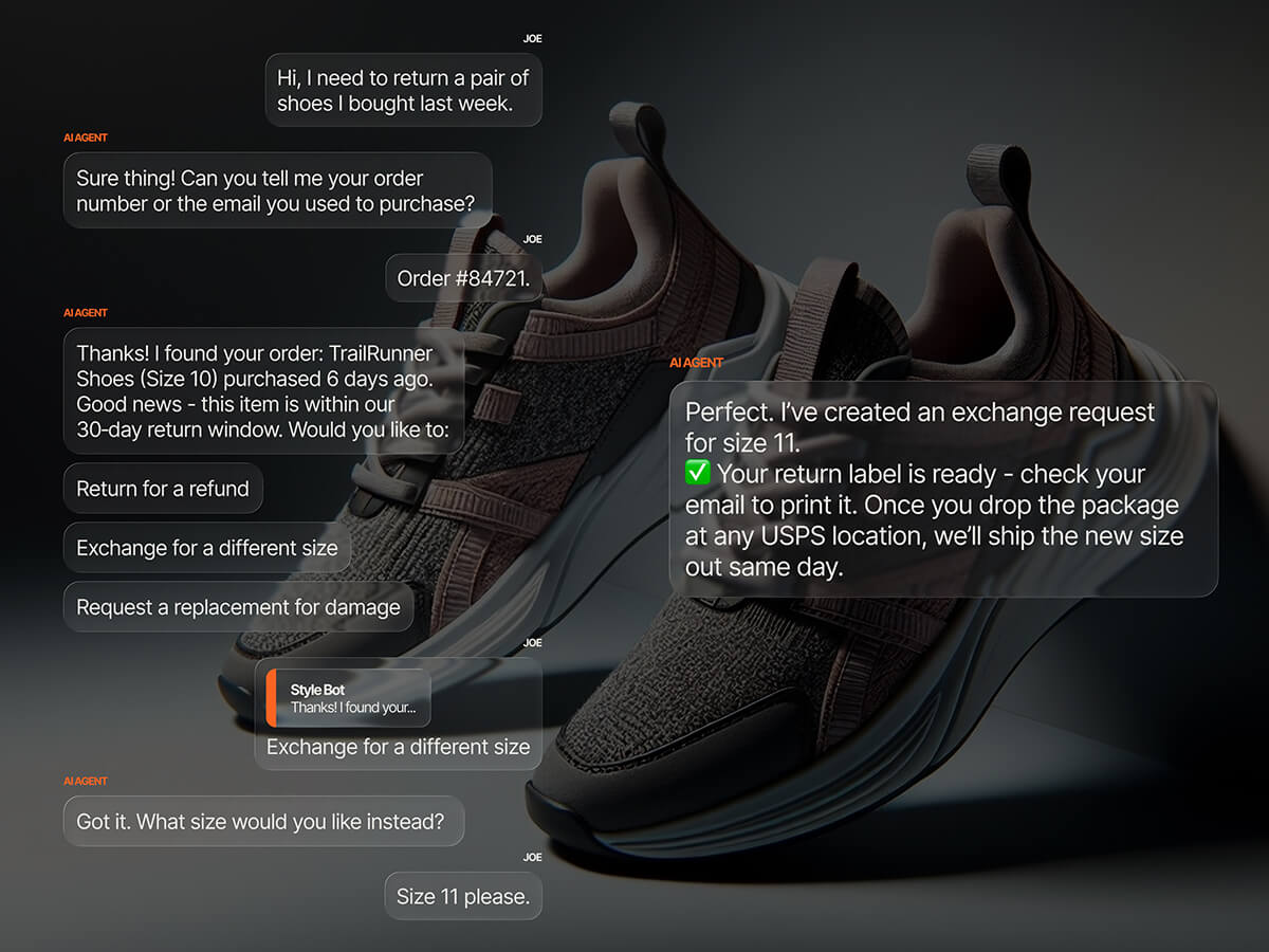 AI agent chat processing a shoe exchange request, confirming the order is within the return window, offering return or exchange options, and providing a prepaid label with same-day shipping for the new size