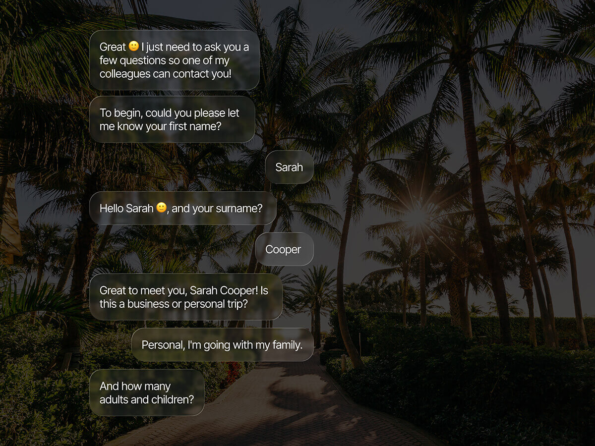 AI sales agent collecting lead details through a conversational flow, gathering a prospect's name and trip type to connect them with a sales colleague