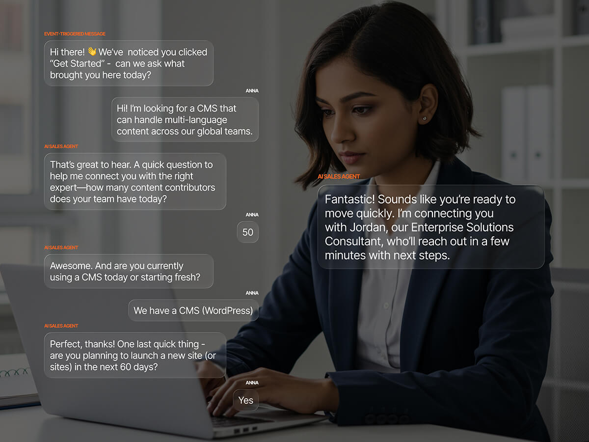 AI sales agent qualifying an inbound lead through conversational questions about team size, current CMS, and launch timeline, then routing the prospect to an Enterprise Solutions Consultant.
