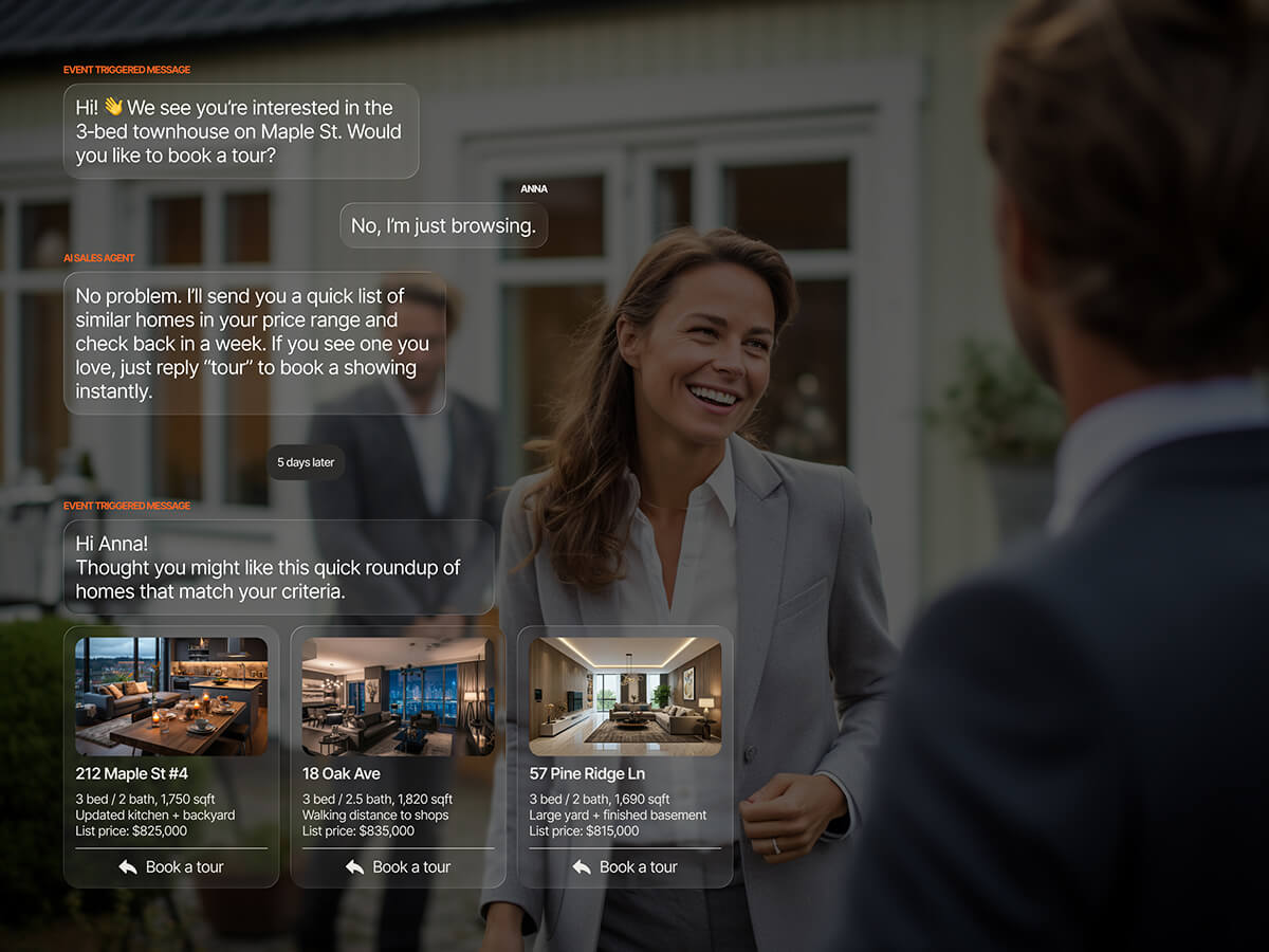 AI sales agent re-engaging a browsing prospect five days later with three personalized property listings matching their criteria, each showing price and features with a tour booking option