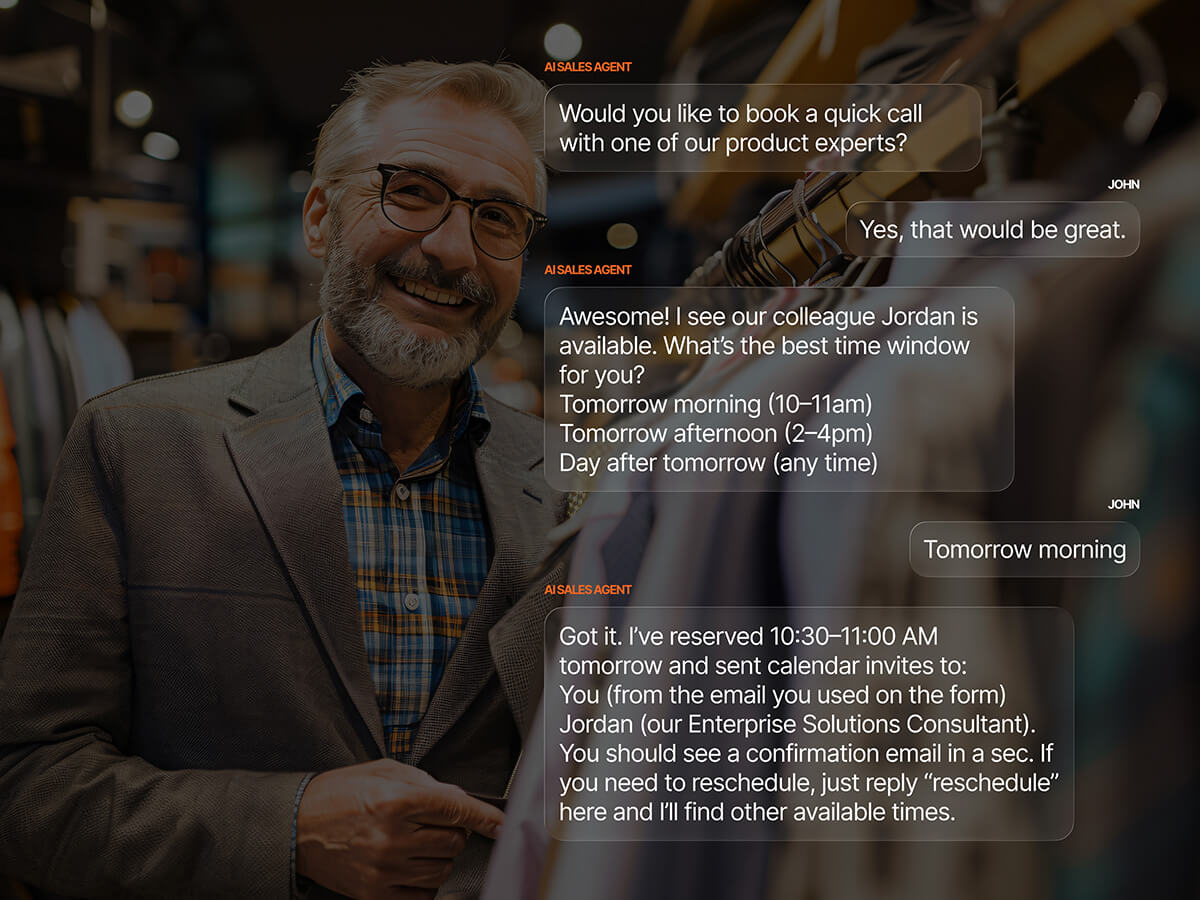 AI sales agent scheduling a product expert call, presenting available time slots and confirming a 10:30–11:00 AM booking with calendar invites sent to both the customer and the consultant