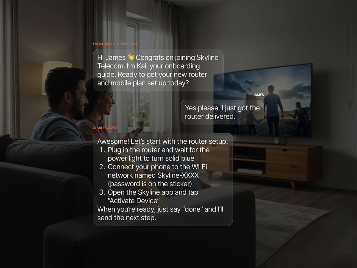 AI onboarding agent guiding a new Skyline Telecom customer through router setup with step-by-step instructions to connect to Wi-Fi and activate the device via the Skyline app