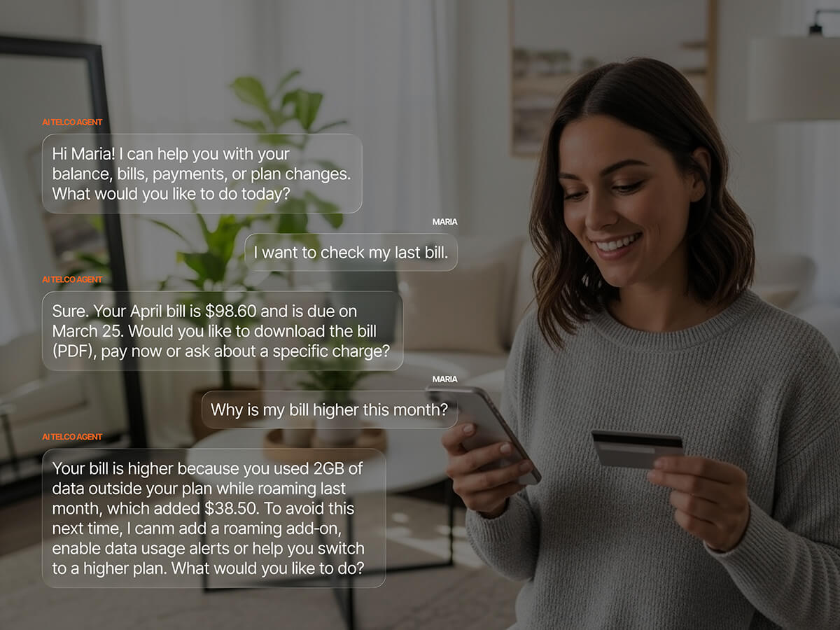 AI telco agent helping a customer review their bill, explaining a $38.50 roaming charge for out-of-plan data usage, and offering solutions to prevent the same issue next month