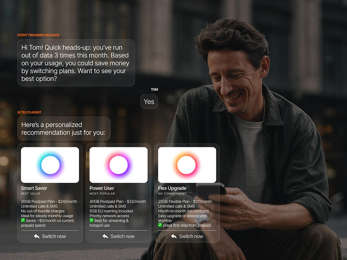 AI telco agent recommending three personalized plan upgrades to a customer who repeatedly runs out of data, with pricing, features, and a one-tap switch option for each