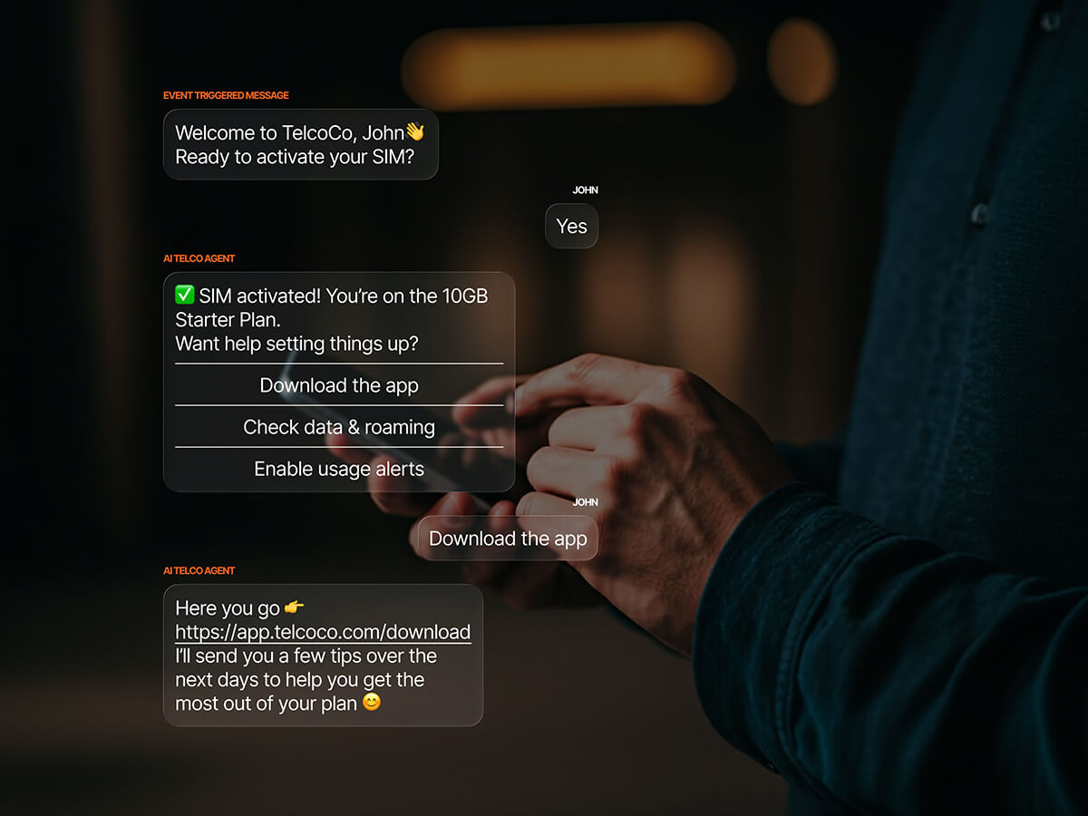 AI telco agent welcoming a new subscriber, confirming SIM activation on the 10GB Starter Plan, and guiding them through first setup steps including app download and usage alerts