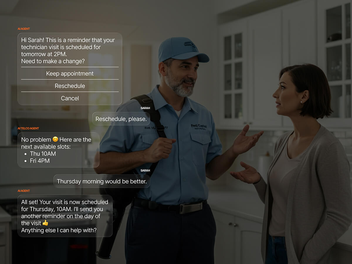 AI agent sending a technician visit reminder and handling a reschedule request, confirming a new Thursday 10AM appointment with a same-day reminder promised