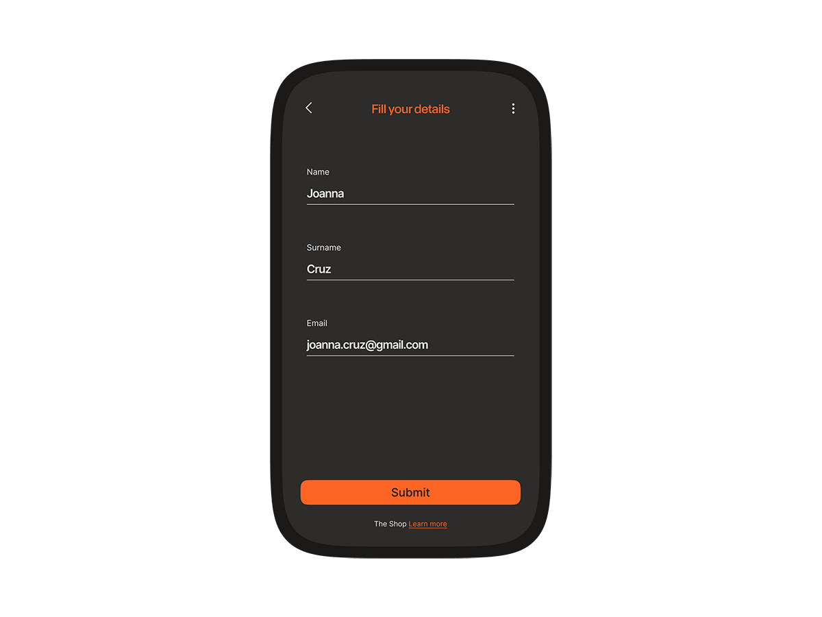 A mobile "Fill your details" form pre-filled with a name, surname, and email address, with a Submit button, used to capture lead data via an AR campaign.