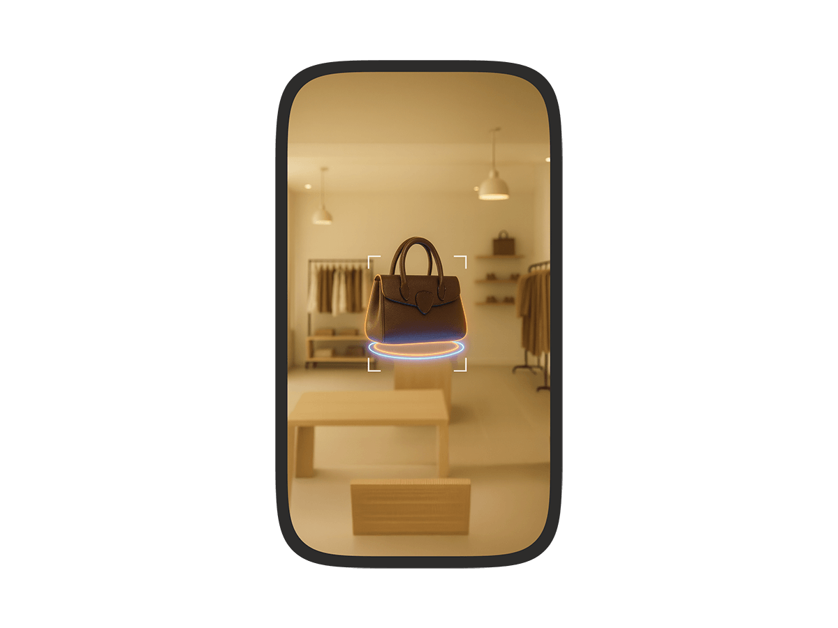 A phone screen showing an augmented reality view of a fashion boutique with a virtual handbag floating in the center, highlighted by a targeting frame.