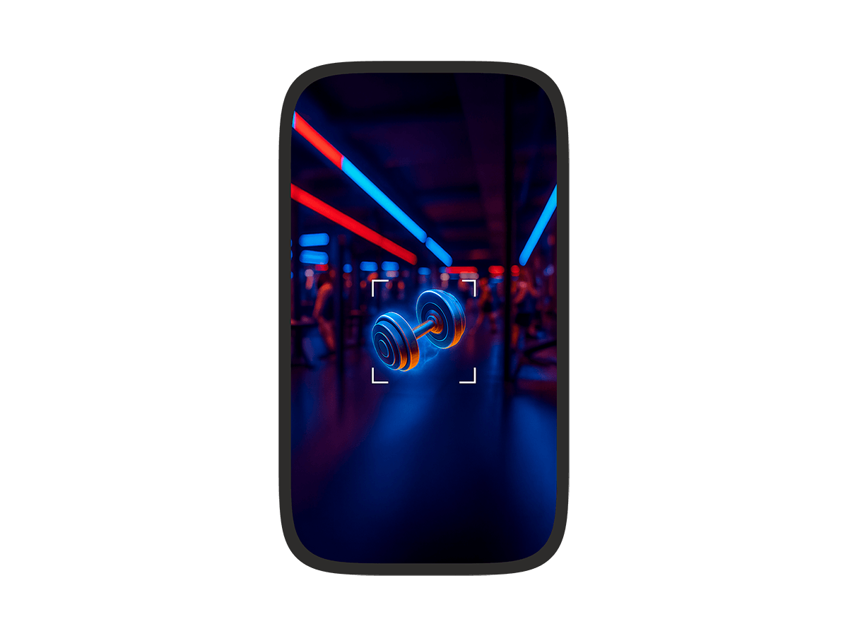 A phone screen showing an augmented reality view of a neon-lit gym with a virtual glowing dumbbell floating in the center, highlighted by a targeting frame.