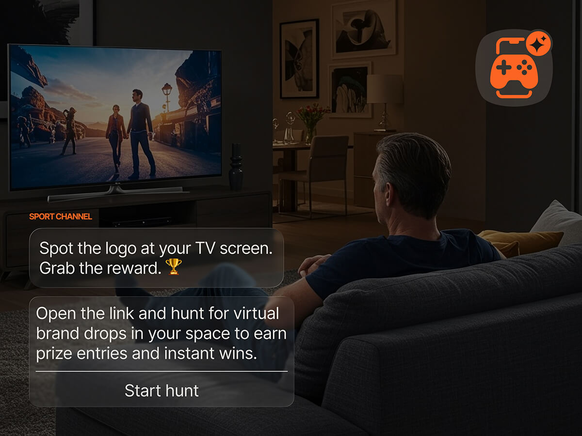 A Sport Channel chat prompt invites a TV viewer to spot a logo on screen and hunt for virtual brand drops to earn prize entries, with a "Start hunt" button.