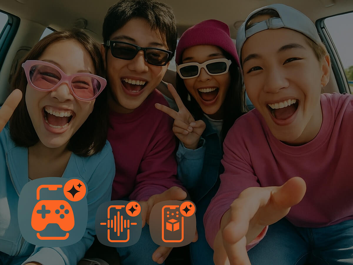 Four laughing young people in a car, with icons representing AI-powered gamification formats: chat games, voice games, and augmented reality games.