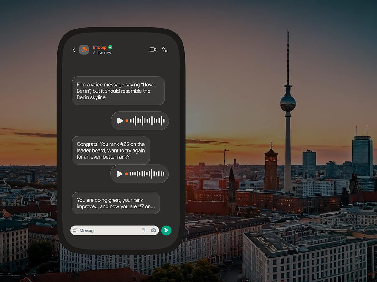 A mobile chat with Infobip shows a voice AI game: a user records a voice message resembling the Berlin skyline and climbs from #25 to #7 on the leaderboard, set against a Berlin sunset skyline.