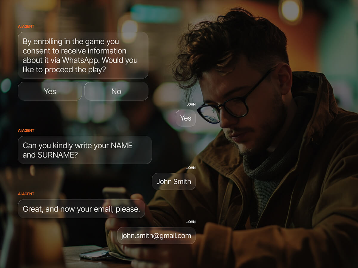 An AI agent chat collects lead information: a user consents to WhatsApp updates, then provides their name "John Smith" and email "john.smith@gmail.com" to enroll in a game.