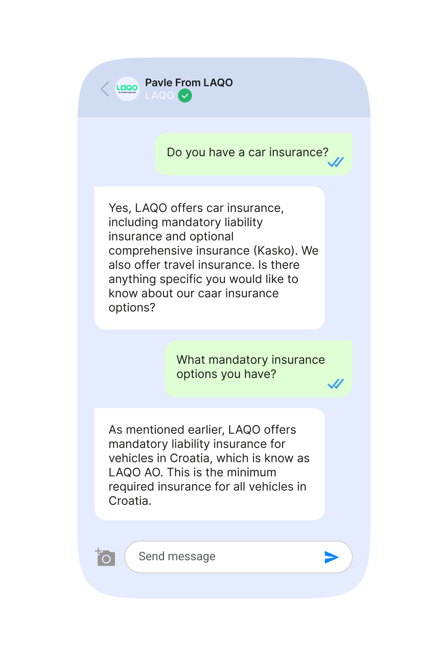 Second example of a chat featuring LAQO insurance chatbot.