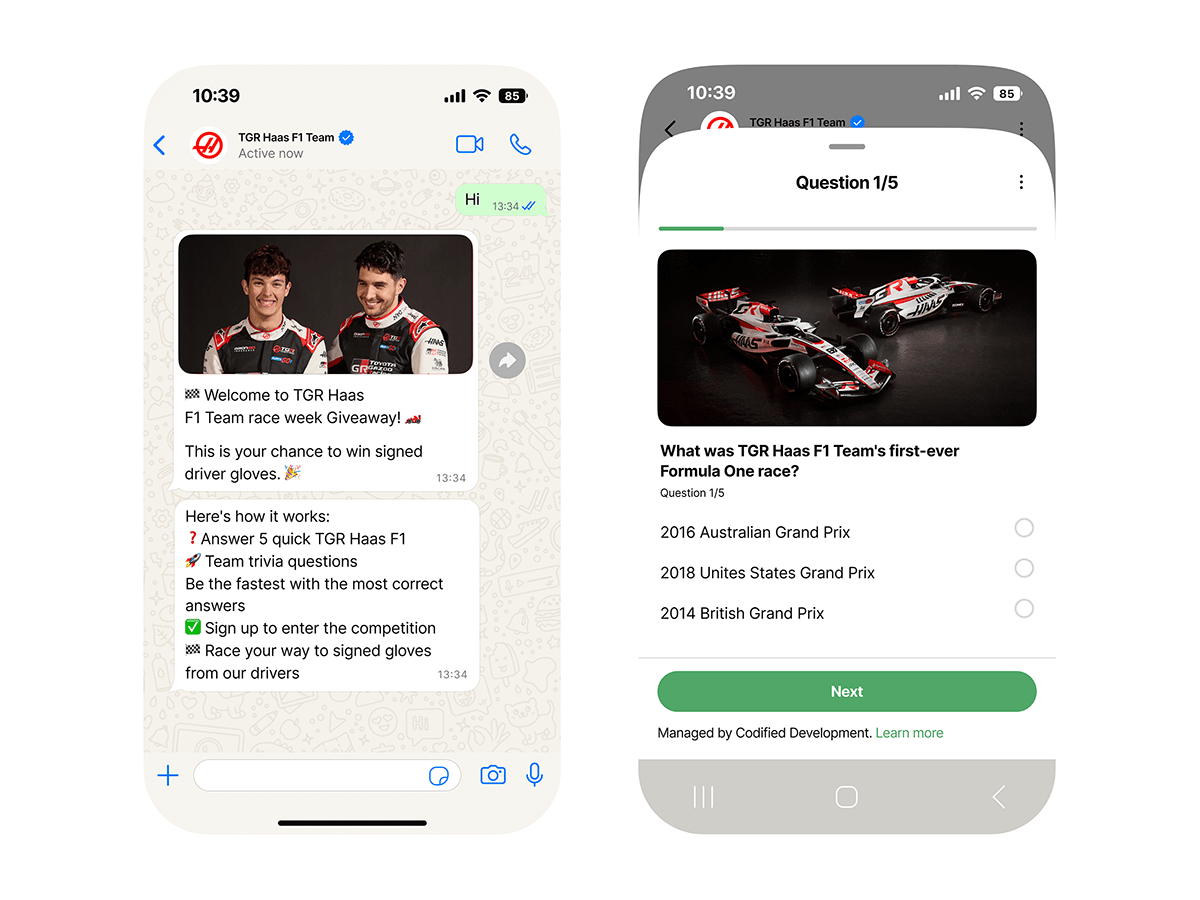 Two phone screens side by side: a WhatsApp giveaway message from the TGR Haas F1 Team on the left, and a Formula One quiz question with Haas cars on the right.