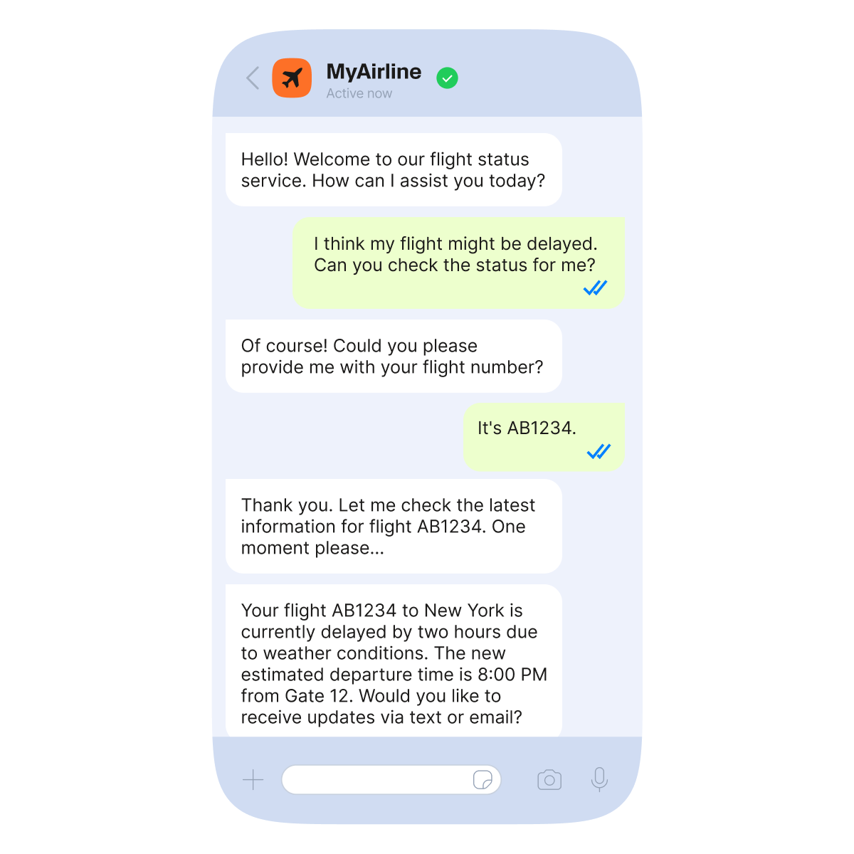 Chat conversation between a passenger and an airline virtual assistant confirming a delayed flight and sharing the new departure time and gate.