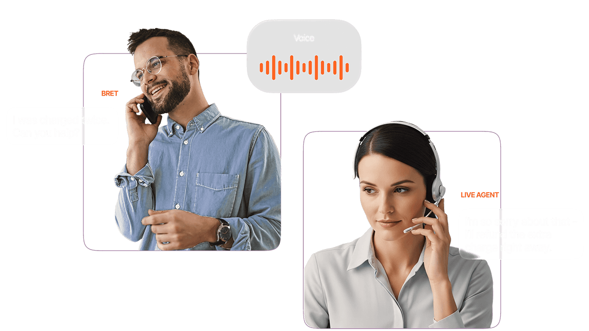 Illustration of a customer named Bret on a phone call connected via a Voice channel to a live customer support agent wearing a headset.